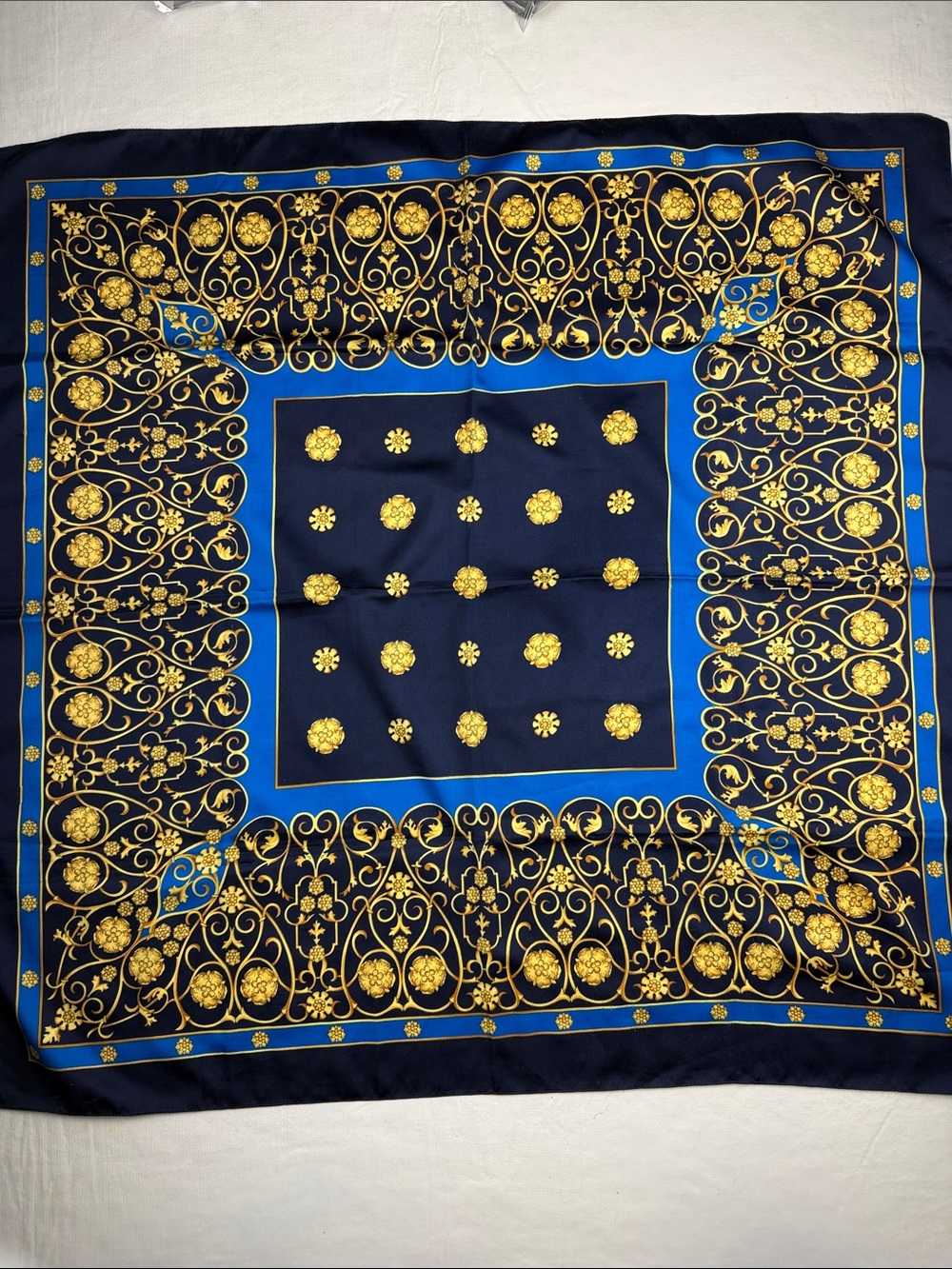 Elegant Navy Gold Decorative Silk Scarf Size 33X33